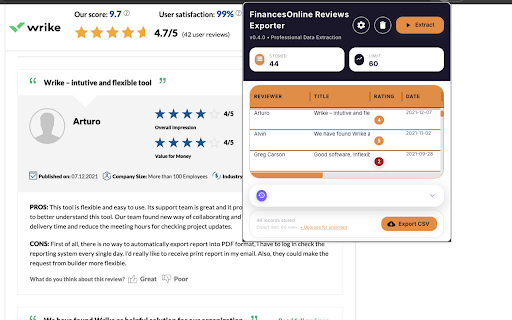 FinancesOnline Reviews Exporter :: Extract reviews from the current FinancesOnline product reviews page and export to CSV.