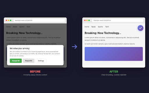 Auto Cookie Reject :: Automatically reject cookie consent popups and banners. Privacy-first, runs 100% locally.