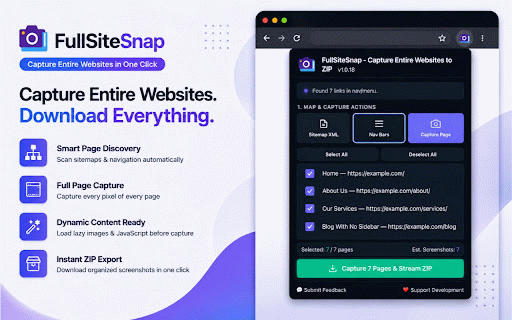 FullSiteSnap – Full Website & Multi-Page Screenshot :: Capture screenshots of entire websites and multiple pages into organized ZIP archives.