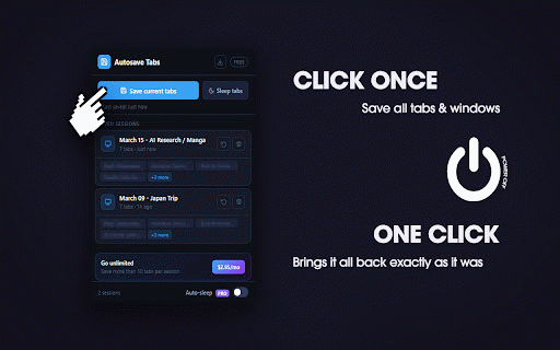 Autosave Tabs :: Save and restore your browser sessions with one click. Never lose your tabs again.