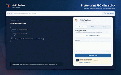 JSON Toolbox by JSONBuddy :: Pretty-print and minify JSON, or apply JSON Patch operations using the JSONBuddy Web API.