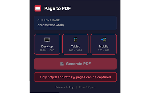 Page to PDF :: Capture full-page screenshots in Desktop, Tablet and Mobile views. Export as PDF.