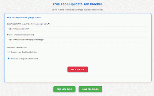 True Tab Duplicate Tab Blocker :: Automatically prevents duplicate browser tabs from opening and manages existing ones based on user-defined rules.