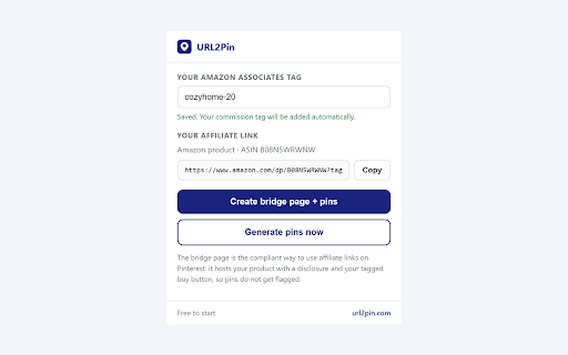 URL2Pin: Amazon Pinterest Pin Generator :: Amazon pin generator for Pinterest — turn any product page into a tagged affiliate link, a bridge page, and pins in one click.
