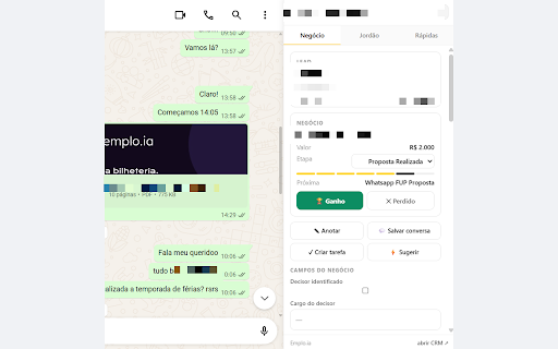 CRM do Jordão · WhatsApp :: Mostra o lead, o negócio e o histórico do CRM ao lado da conversa do WhatsApp Web.