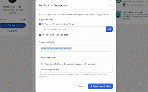 Amplify :: A LinkedIn engagement automation tool that helps professionals track posts, manage connections, and send personalized messages.