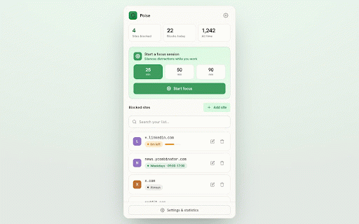 Poise :: Poise — calm, on-device website blocking with flexible patterns, scheduling, daily timers, and a once-a-day pass.