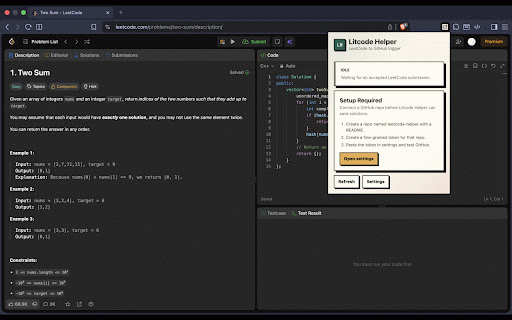 Litcode Helper :: Automatically logs accepted LeetCode solutions to a GitHub repository.