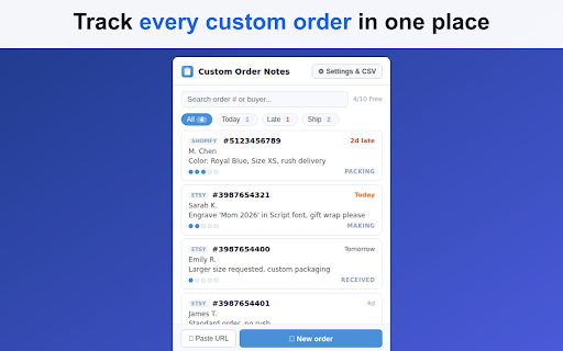 Custom Order Notes for Etsy — Buyer Request Tracker :: Etsy seller tool for custom order requests: track buyer notes, deadlines & status. Buy once, no subscription. Shopify too.