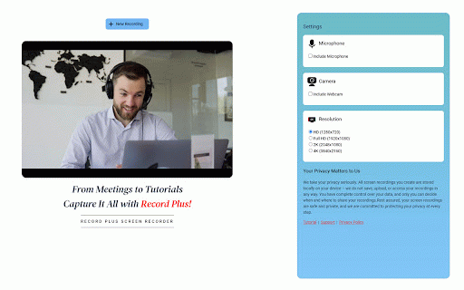 RecordPlus - Screen Recorder :: Captures tabs, desktop, webcam, microphone, and system sound. Annotate with pencil tool and color picker.