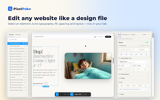 Pixel Poke :: Inspect, edit and hand off the design of any website: pick an element, tune it visually, check accessibility, copy clean CSS.