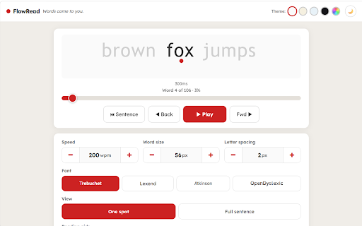 FlowRead — dyslexia-friendly speed reader :: Read any page or selected text word-by-word at a fixed focal point. Dyslexia-friendly fonts, phoneme bolding, adaptive pacing.