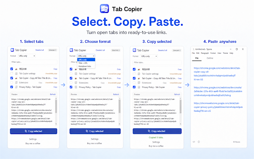 Tab Copier - Copy Tabs as Markdown :: Copy selected tabs as Markdown, title + URL text, or URL-only lists. Preview before copying.