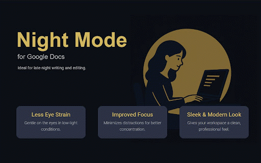 Google Docs Dark Mode Theme — Night Mode Extension :: Enable Google Docs dark mode and night theme. Best dark mode extension for Google Docs — eye comfort, focus, and style.