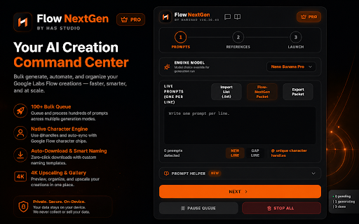 Flow NextGen - Google Flow Bulk AI Queue & Automation :: Queue 100+ AI prompts on Google Flow. Auto-download, custom auto-rename, 4K upscaling, & multi-mode generation. Free tier included.