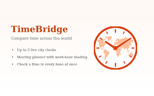 TimeBridge — World Clock & Time Zone Converter :: World clock to compare live time across up to 5 cities, convert time zones and plan meetings, with a handy check-time tool.