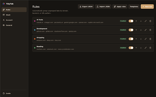 TidyTab :: Automatic tab groups, window stash, and command search for Chrome tabs.