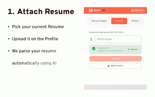 Metric CV :: A browser extension to help you alter your CV effortlessly using AI, providing perfectly tailored resumes for any job application.