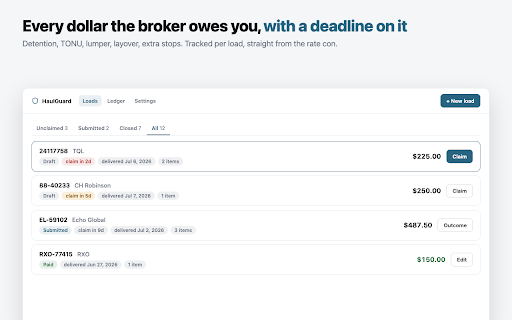 Detention & Accessorial Pay Tracker - HaulGuard :: Stop leaving detention pay on the table. Track detention, TONU, and lumper fees, and claim every dollar before the window closes.