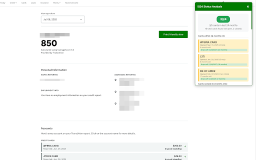 5/24 Credit Report Analyzer :: Analyzes credit reports on Credit Karma to determine 5/24 status and card drop-off dates