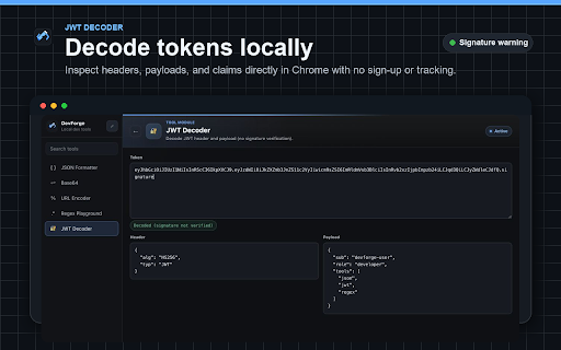DevForge :: Format JSON, decode JWTs, compare text, convert timestamps, generate IDs and hashes, and encode Base64 or URLs locally.
