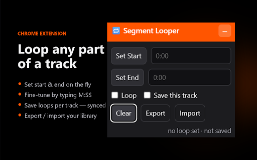 SoundCloud Segment Looper :: Loop any segment of a SoundCloud track. Set start/end live, type MM:SS, and save loops per track, synced across your Chrome.
