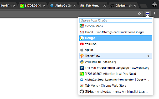 Tab Menu Redux :: A minimal popup tab manager. Search, switch, rearrange, and close tabs from the toolbar menu.