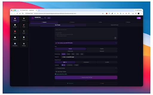PROMPTDEX :: Optimize and sharpen your AI prompts right in the chat page — one click, no tab switching, no copy-paste.