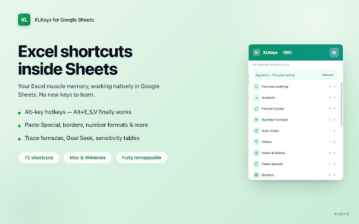 XLKeys - Excel Shortcuts for Google Sheets :: Bring Excel keyboard shortcuts, formula auditing, Goal Seek, Sensitivity Tables, and formatting tools to Google Sheets.