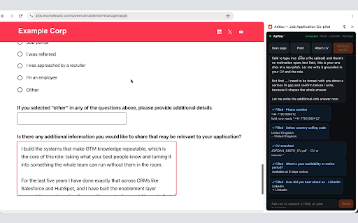 AsYou — Job Application Co-pilot :: Reads a job application form, drafts every answer from your CV, and fills it live in a Chrome side panel — on your own Claude plan.