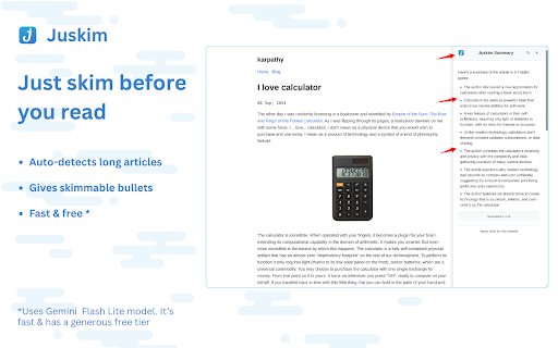 Juskim :: Detects articles & gives you a summary you can Just Skim!