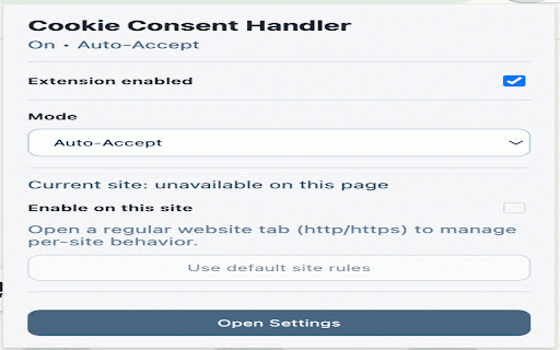Cookie Consent Handler :: Automatically handles cookie consent banners based on your explicit preference: Accept, Reject, or Manual.