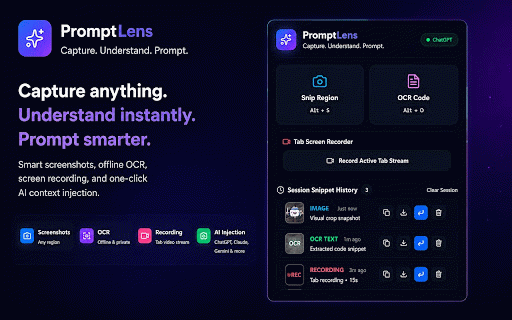 PromptLens :: Capture screenshots, extract text locally with OCR, record browser workflows, and send context to AI assistants.