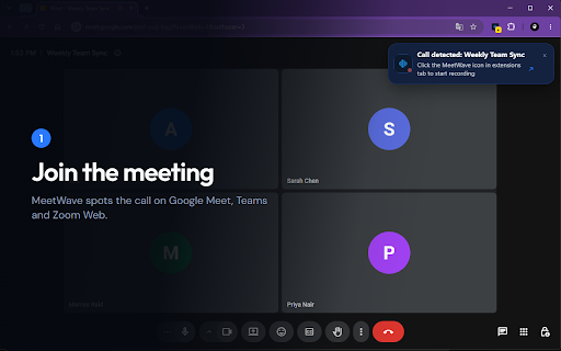 MeetWave: AI Meeting Assistant & Recorder :: Records the audio of Google Meet, Teams and Zoom Web calls, then turns it into AI meeting notes, summaries and action items.