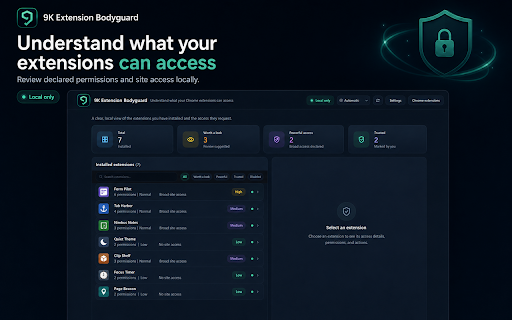 9K Extension Bodyguard :: Review installed Chrome extensions locally and understand declared permissions and access changes.