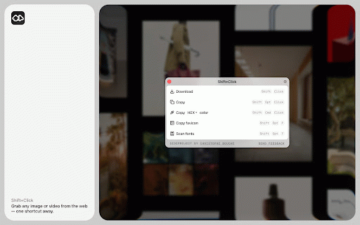 Shift+Click :: Shift+Click on all types of images to download them; Shift+Opt/Alt+Click to copy them to your clipboard.
