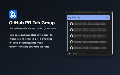 GitHub PR Tab Group :: Live tab groups for your GitHub PRs: authored and review-requested PRs open as background tabs and close when done.