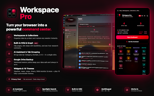 Workspace Pro: AI Tab Manager + Built-in Wiki & Assistant :: AI tab manager with a built-in Wiki. Workspaces, Collections, AI Assistant, Widgets & Google Drive sync.