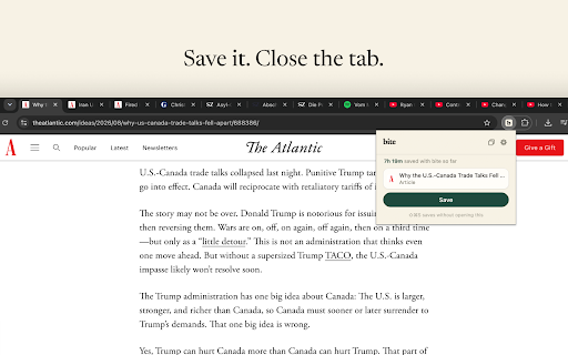 bite — save the tab, read the gist :: Save it in one click. Read it later, as a summary.