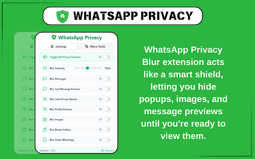 Privacy Extension for WhatsApp web :: Privacy extension for WhatsApp web. Hides messages, media, profile pics until hover. Control privacy settings and protect your data.