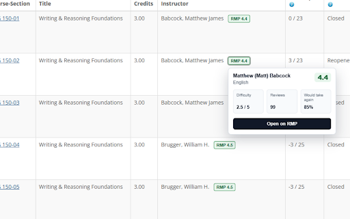 Prof Preview for BYUI :: Shows Rate My Professors ratings next to BYU-Idaho instructors during registration.