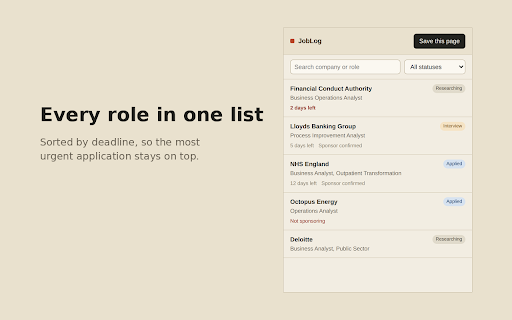 JobLog — job search notes :: Save any job posting you're viewing, track sponsorship status and deadlines, and keep your notes on each role in one place.
