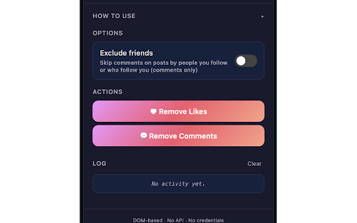 InstaClean – Activity Cleaner :: Remove your likes and comments from Instagram activity. Optionally exclude interactions with friends (followers/following).
