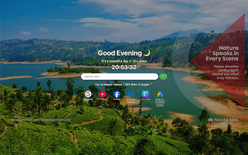 One Click, A Thousand Trees :: A beautiful New Tab with nature wallpapers, a clock, oxygen tracker, search bar, and top sites. Each download plants a tree.