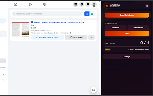 AutoListing – Facebook Marketplace Relister :: Quickly relist your Facebook Marketplace listings with one click. Select, repost, and manage your selling items from the sidebar.