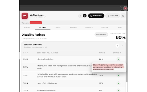 VAClaimAssist :: Track your VA disability claims — primary, supplemental, HLR & appeals — with smart caching and plain-English explanations.