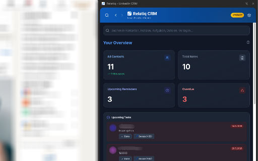 Relatiq - CRM for LinkedIn :: Manage LinkedIn contacts locally, organize pipelines, set follow-ups, and use message templates. 100% private & secure.