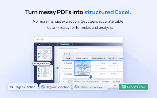 Convert PDF to Excel. Extract PDF Tables to XLS :: Convert PDF to Excel. PDF to XLS converter. Convert entire page or select specific tables with inline edit and preview.