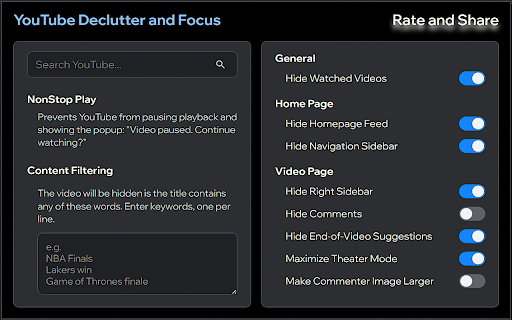 YouTube Declutter and Focus :: Selectively remove YouTube's recommended sidebar, video suggestions, user comments, videos on the homepage, ... to stay productive.