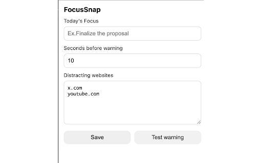 FocusSnap :: Shows a central warning when you stay too long on distracting websites.